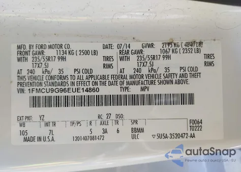 2014 Ford Escape Se from USA, damaged, VIN 1FMCU9G96EUE14860